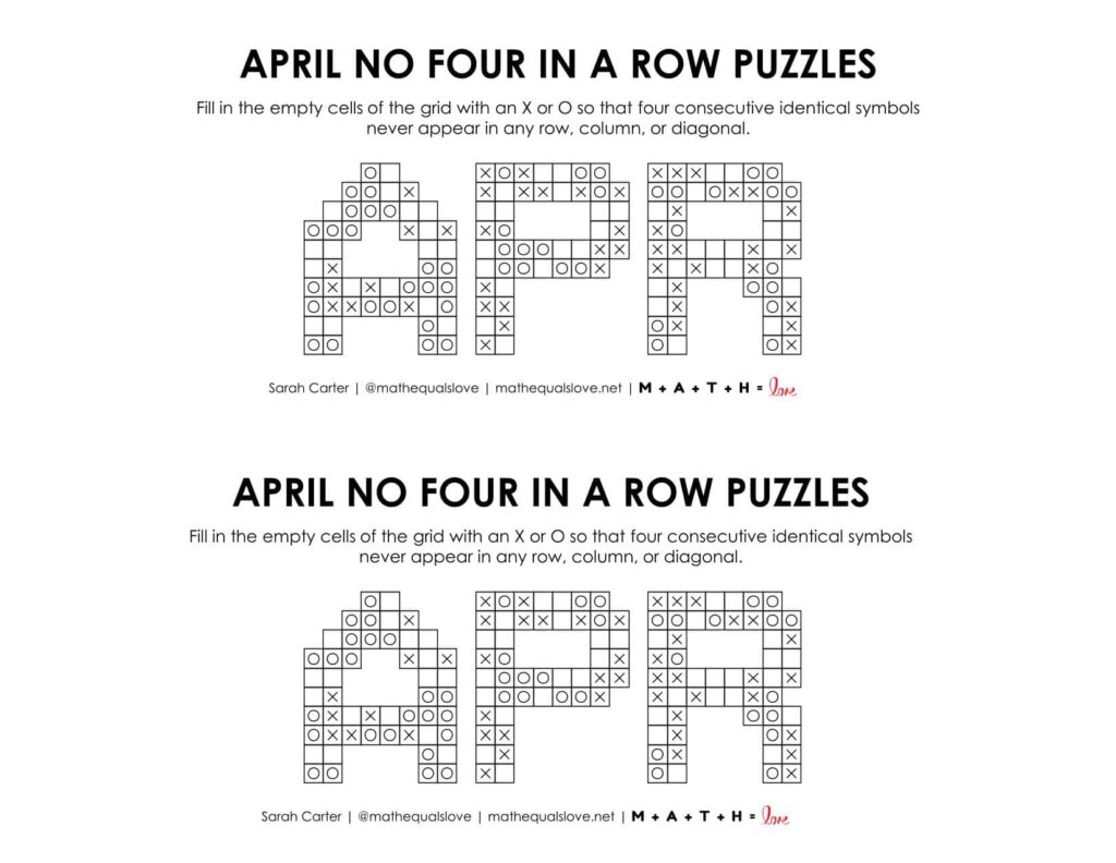 april no four in a row logic puzzles. printable pdf.