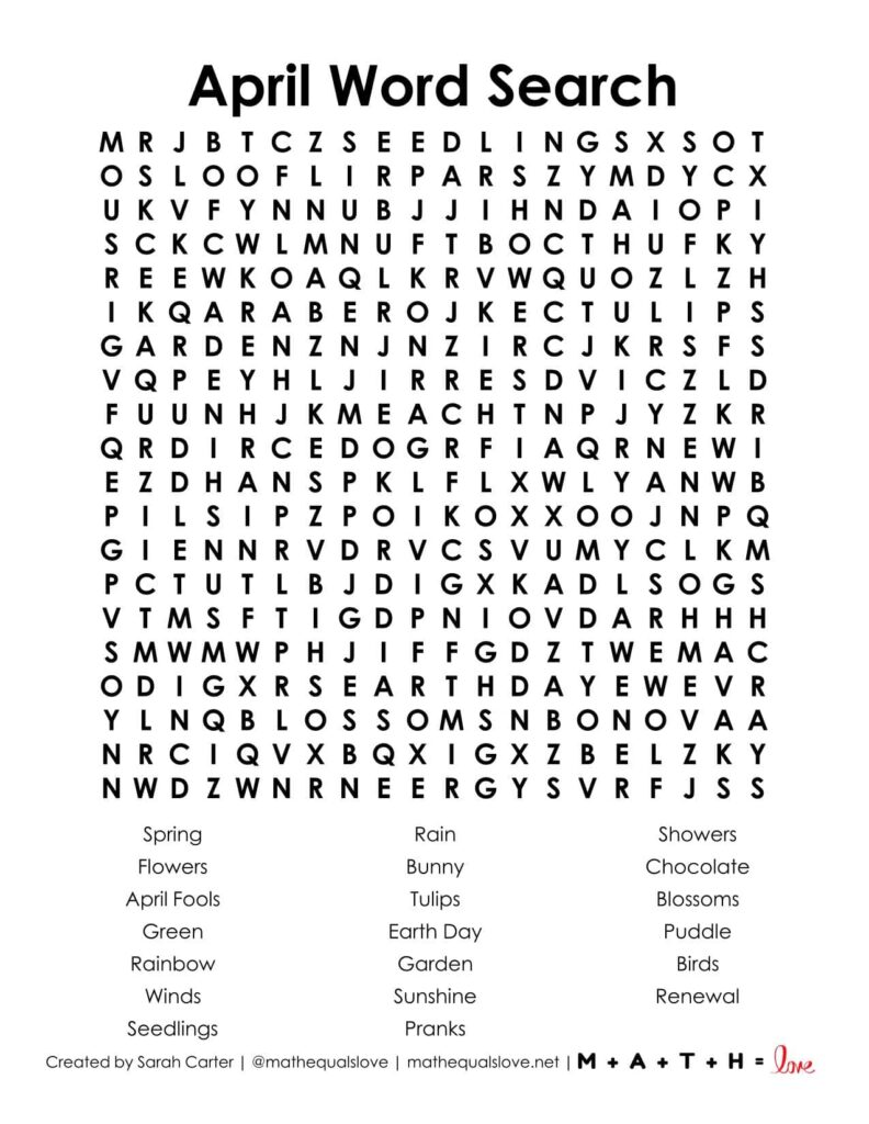 free printable April Word search puzzle pdf.