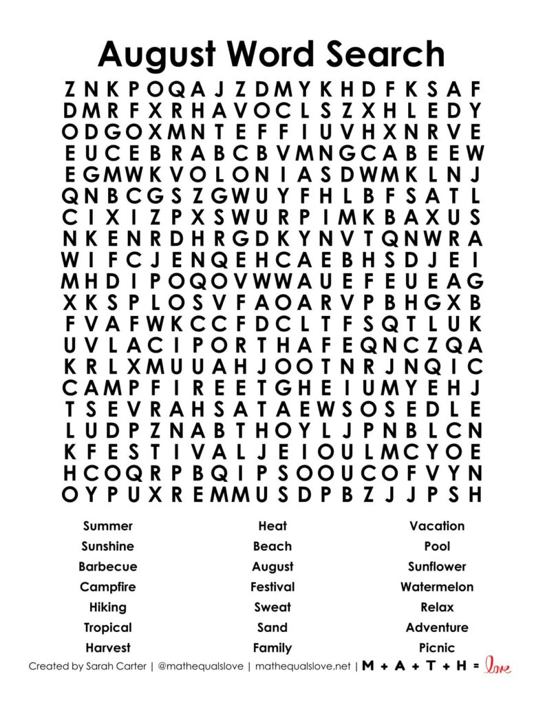 August Word Search Printable PDF Puzzle. 