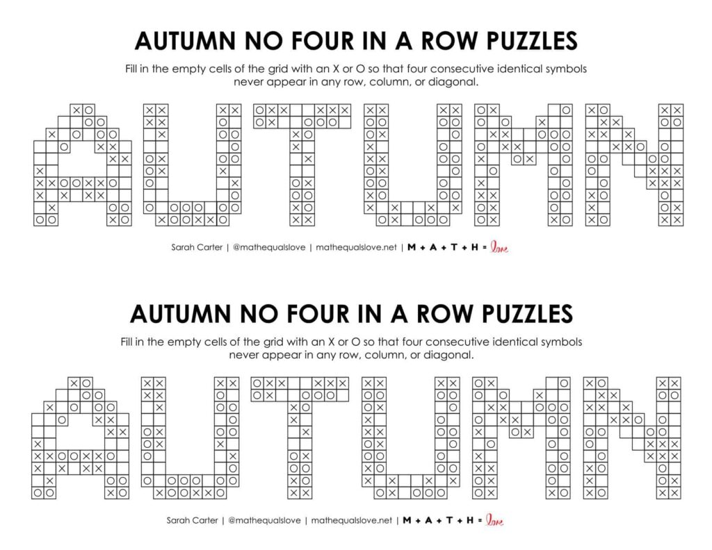 autumn no four in a row logic puzzles free printable pdf. 