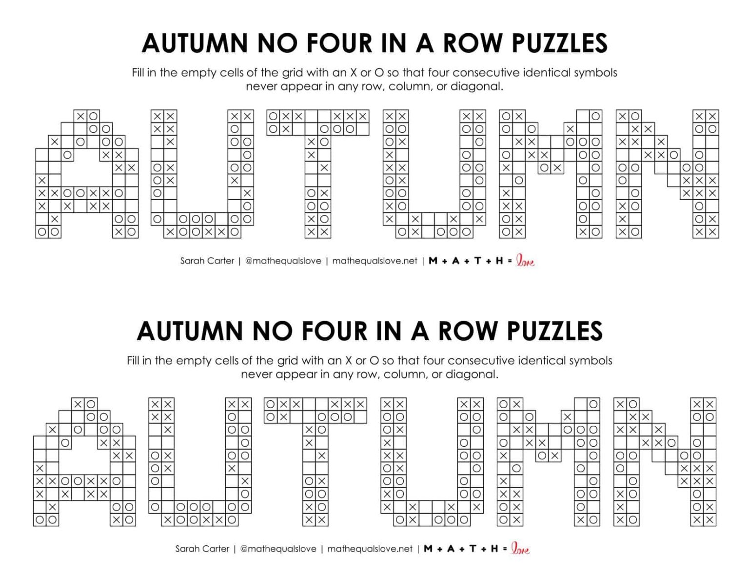 Autumn No Four in a Row Puzzles | Math = Love