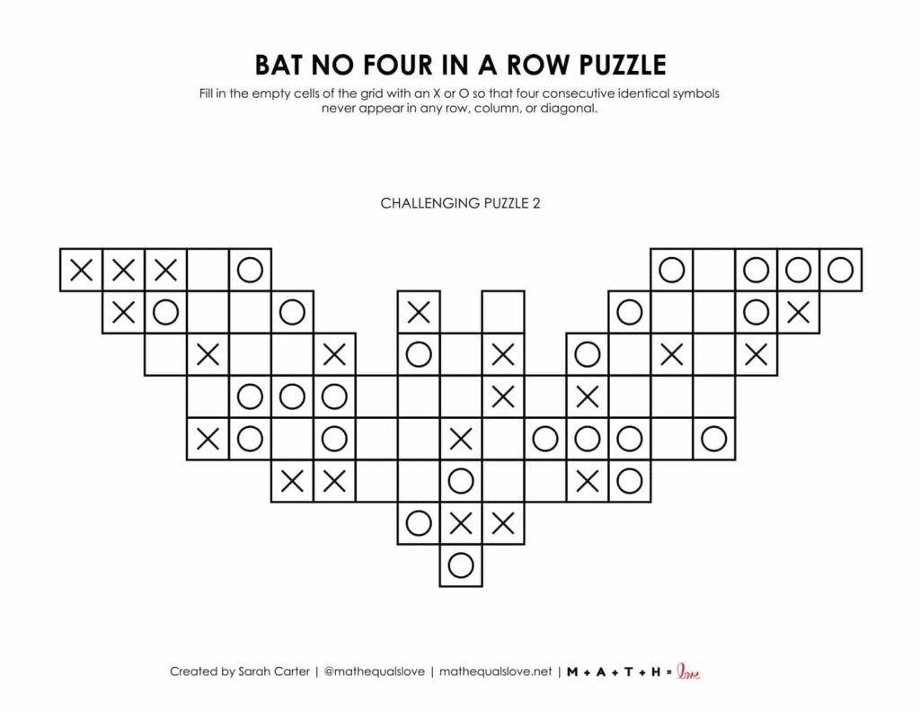 Bat No Four in a Row Puzzle - 1 to a Page. 