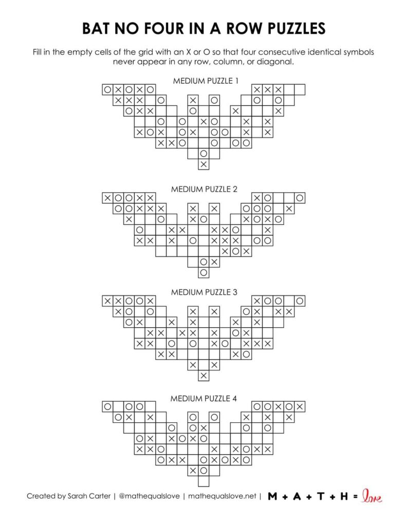Bat No Four in a Row Puzzles - 4 to a Page. 