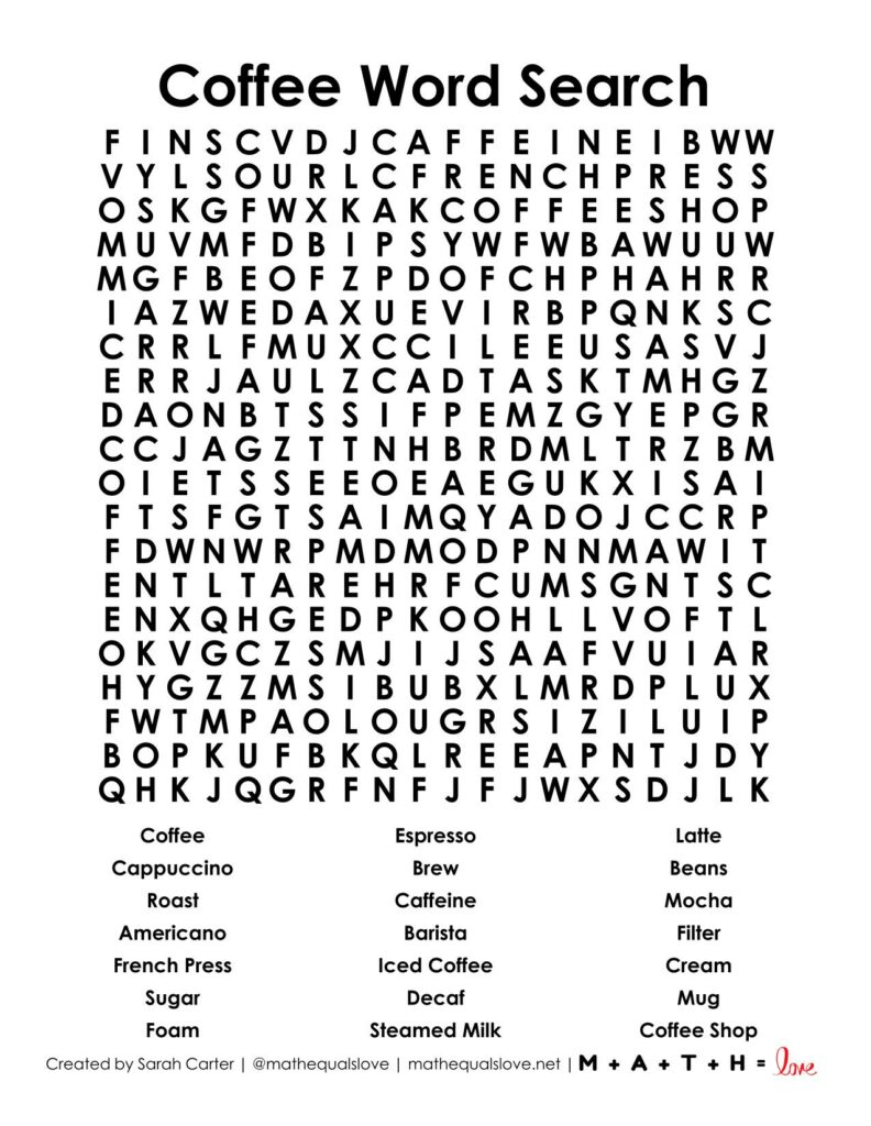 coffee word search puzzle free printable pdf puzzle. 