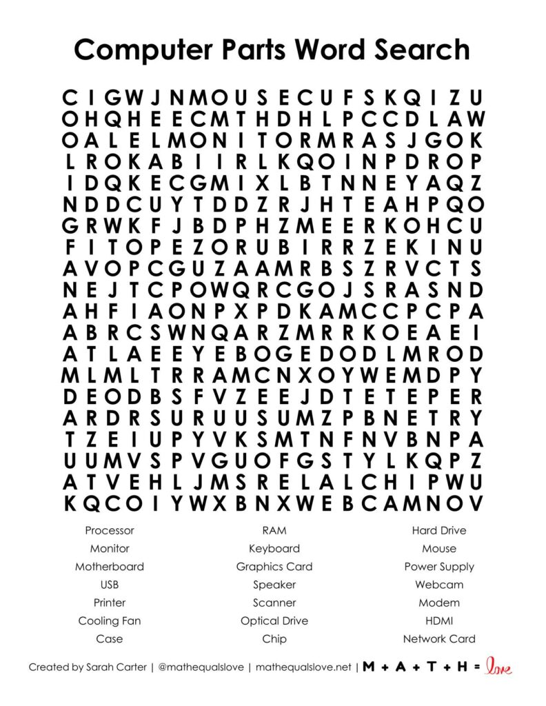 computer parts word search printable pdf puzzle. 