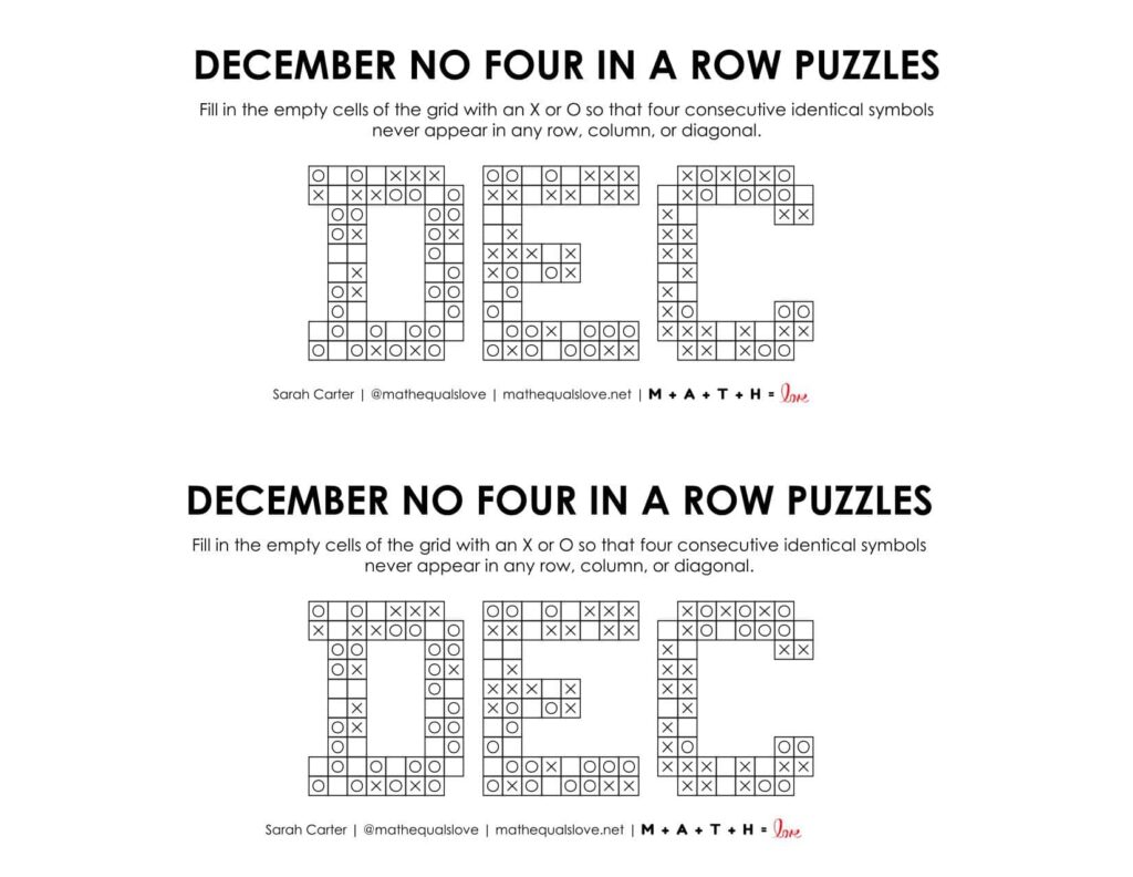 December No Four in a Row Logic Puzzles.