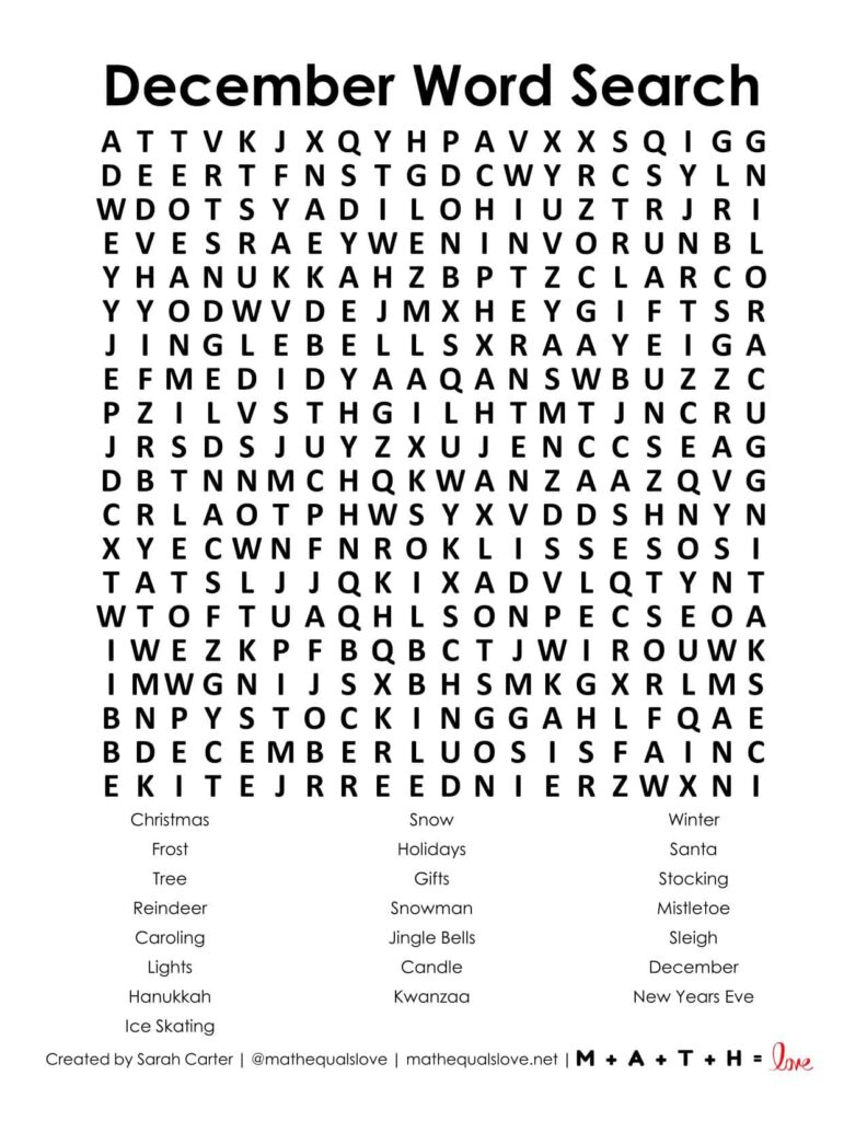 December word search puzzle - free printable pdf puzzle.