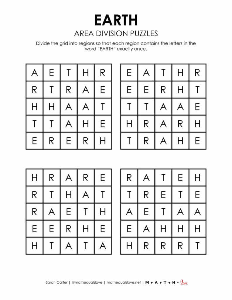 Earth Day Area Division Logic Puzzle Free Printable PDF.
