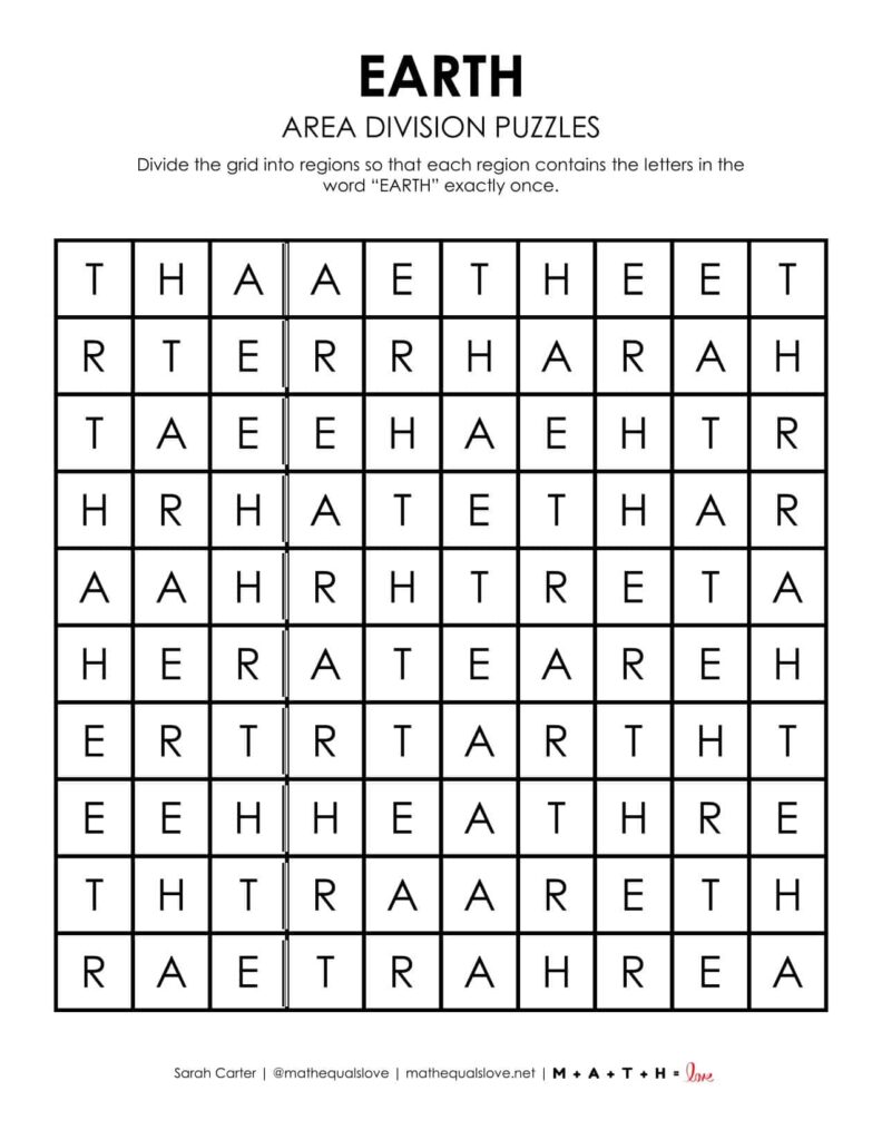 Earth Day Area Division Logic Puzzle Free Printable PDF.