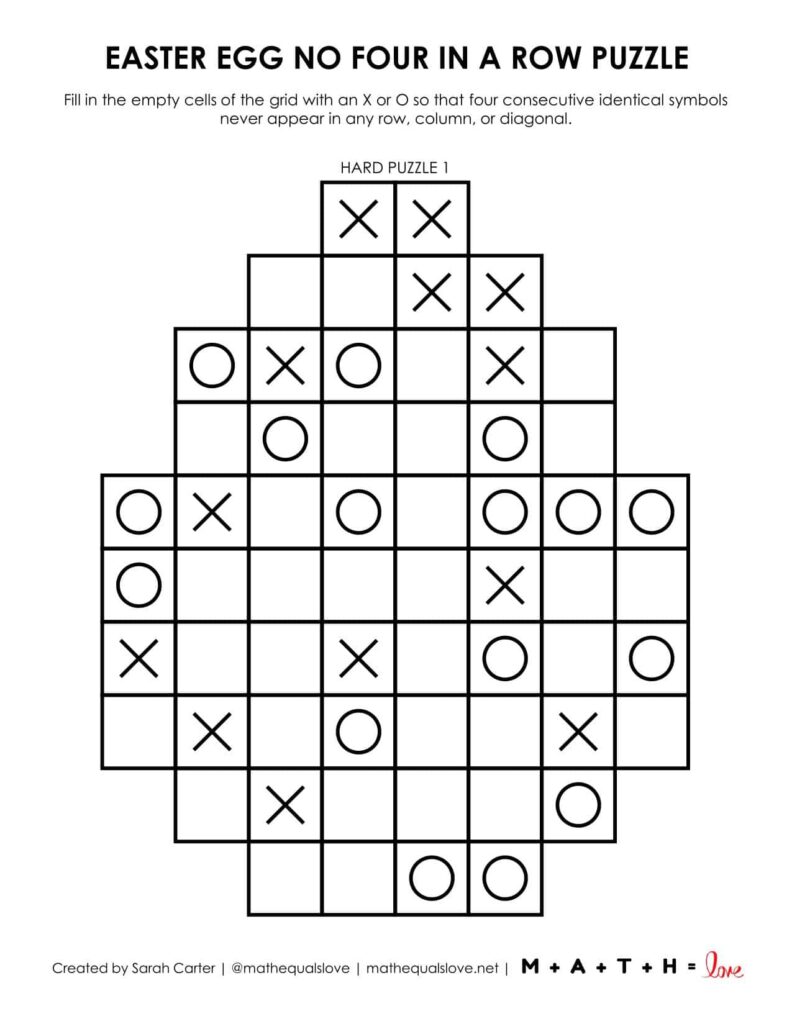 easter egg no four in a row logic puzzle with 1 puzzle per page.
