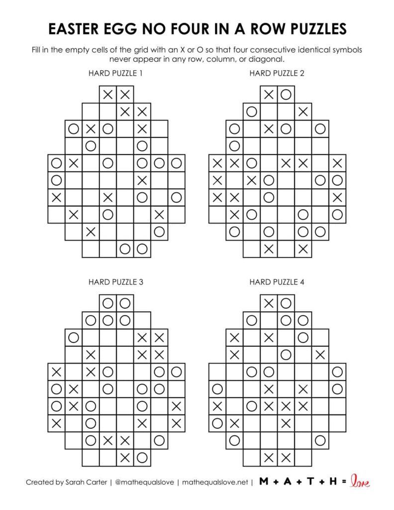 easter egg no four in a row logic puzzles 4 to a page.