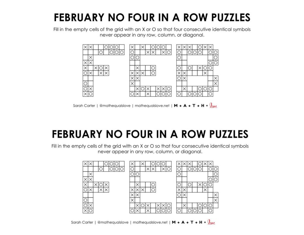 February No Four in a Row Logic Puzzles Free Printable PDF.