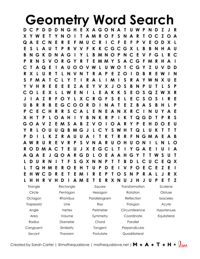 High School Geometry Word Search Puzzle Free Printable PDF. 