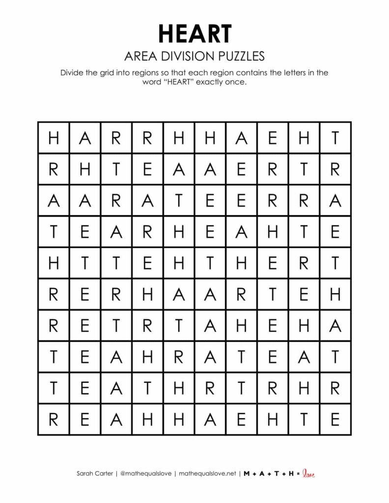 heart area division logic puzzle for valentine's day free printable pdf.