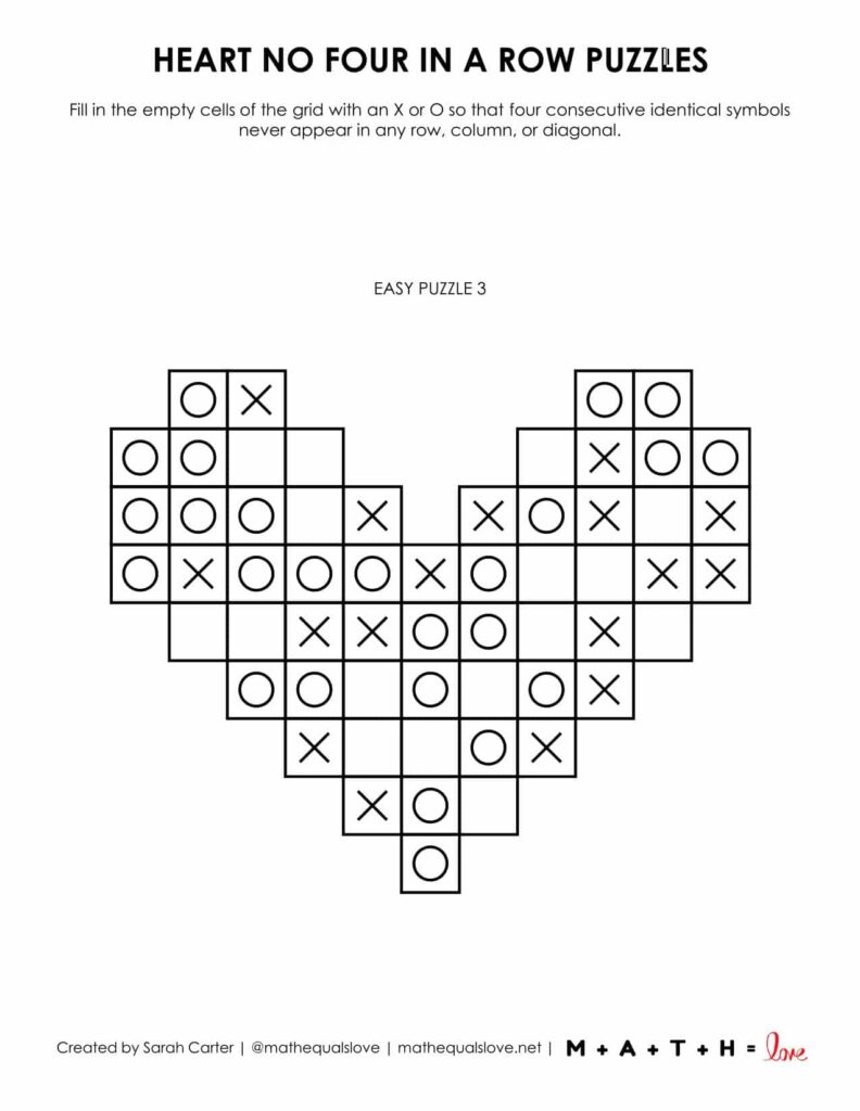 heart no four in a row logic puzzle printable pdf 1 to a page.