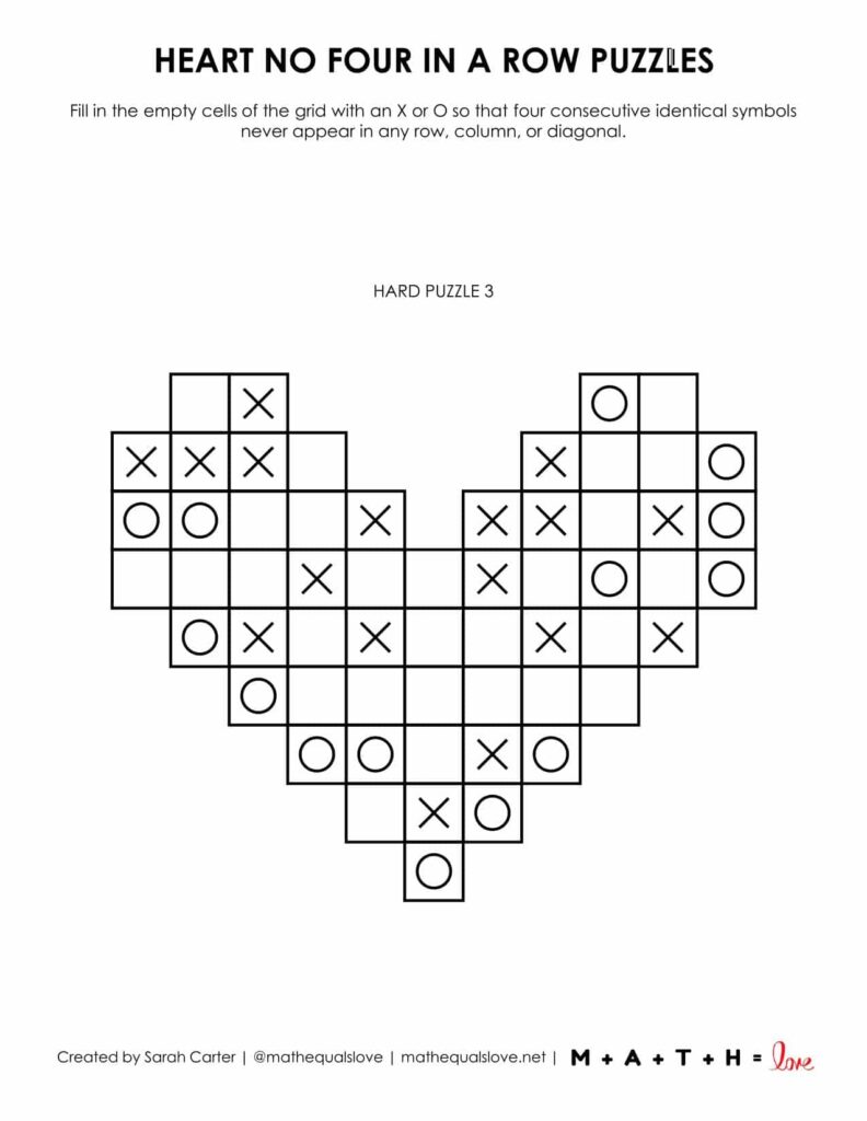 heart no four in a row logic puzzle printable pdf for valentine's day.