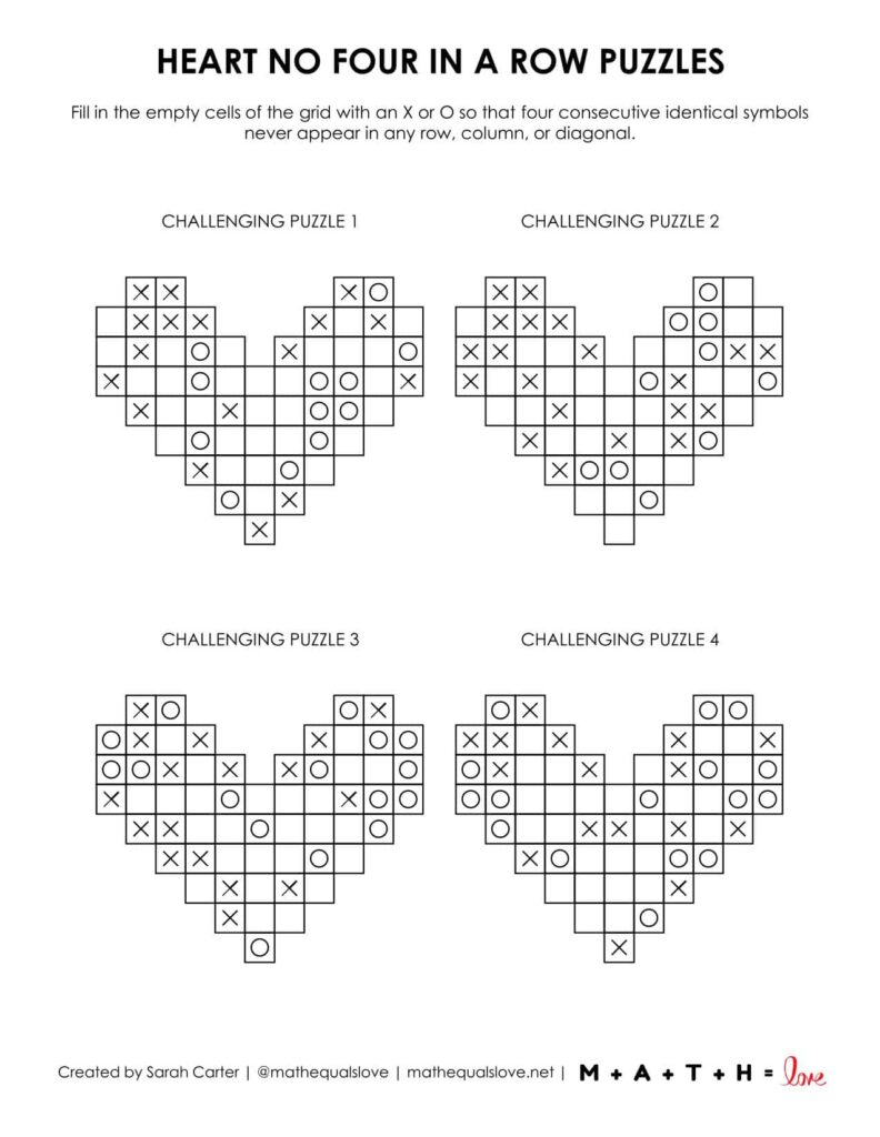 heart no four in a row logic puzzles 4 to a page for valentine's day.