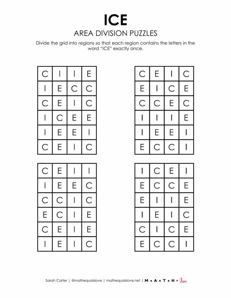 ice area division logic puzzle for winter. 