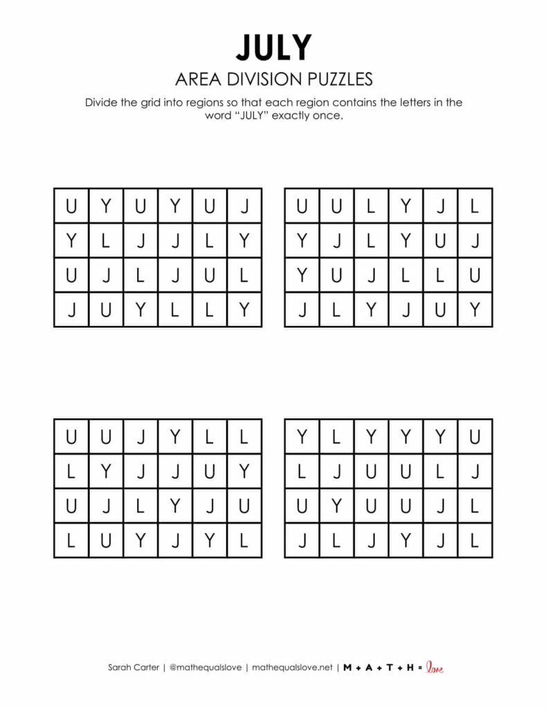 july area division logic puzzle free printable pdf. 