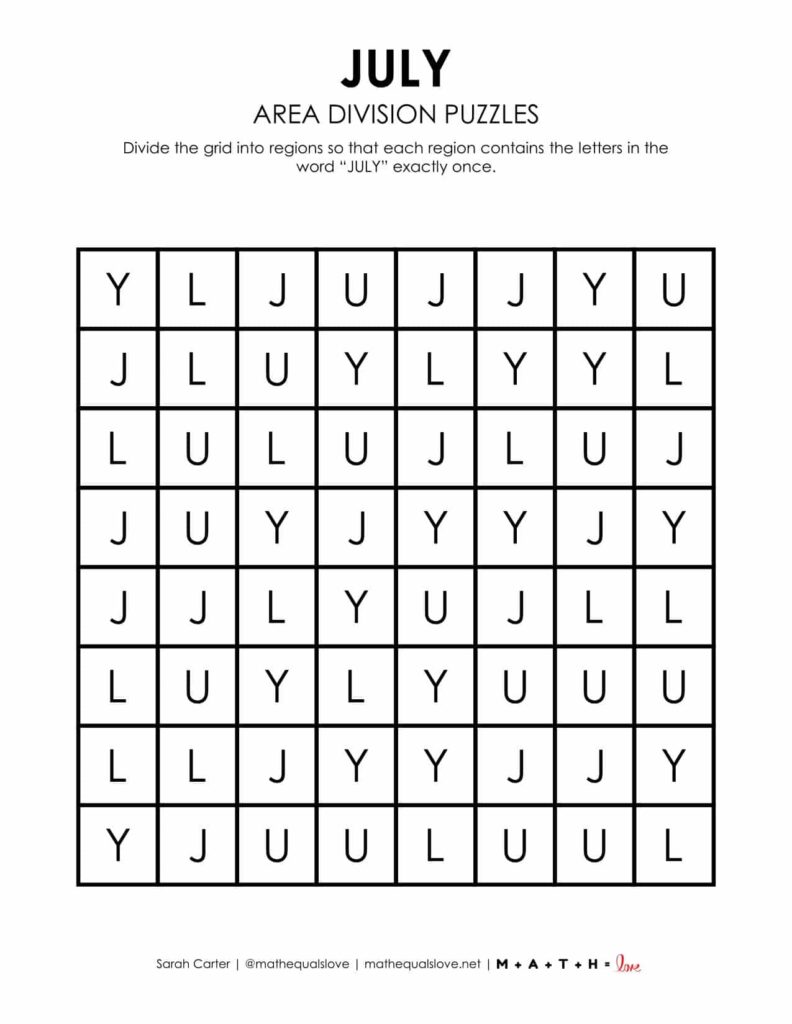 july area division logic puzzle free printable pdf. 