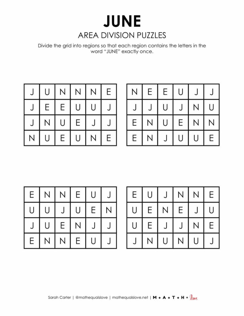 June Area Division Logic Puzzle Free Printable PDF.