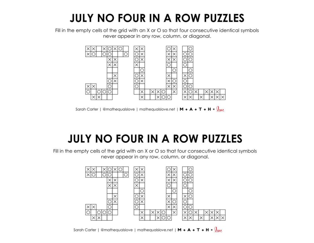 july no four in a row logic puzzles free printable pdf. 