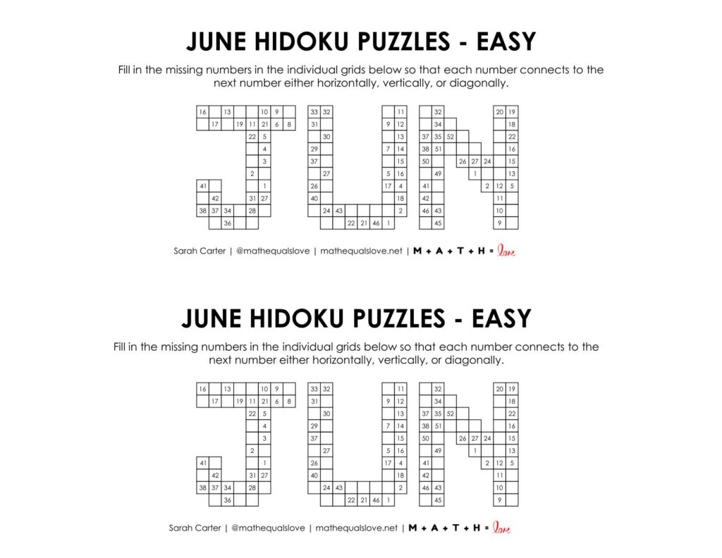 june hidoku logic puzzle level easy. 