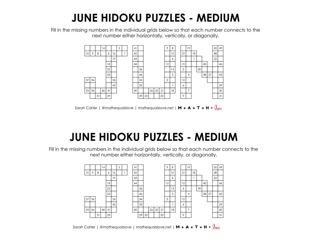 June Hidoku Puzzles - Level Medium. 