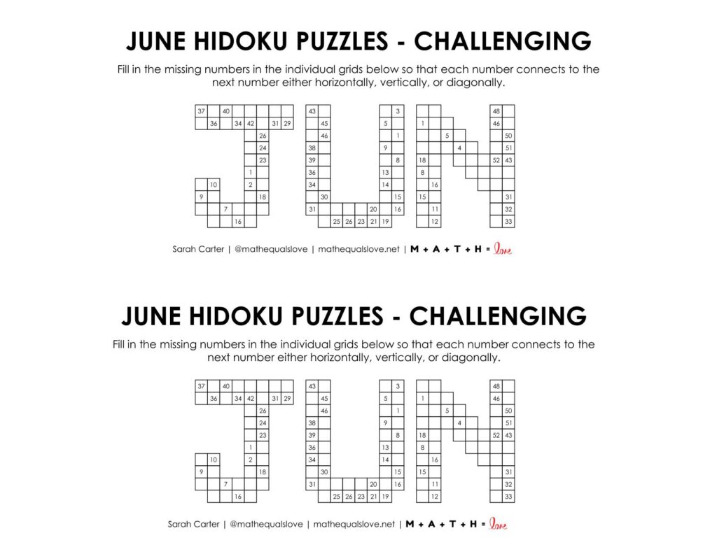 June Hidoku Puzzle - Level Challenging. 