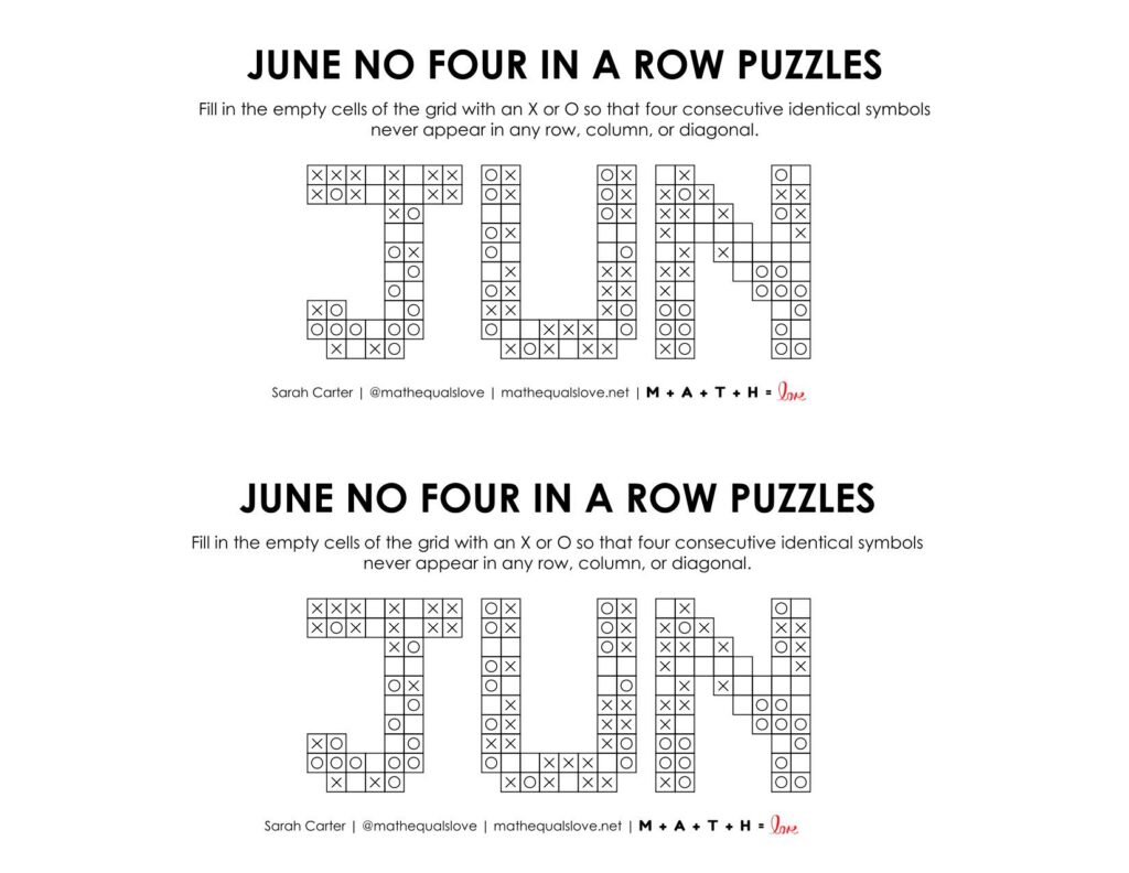 june no four in a row logic puzzles free printable pdf. 