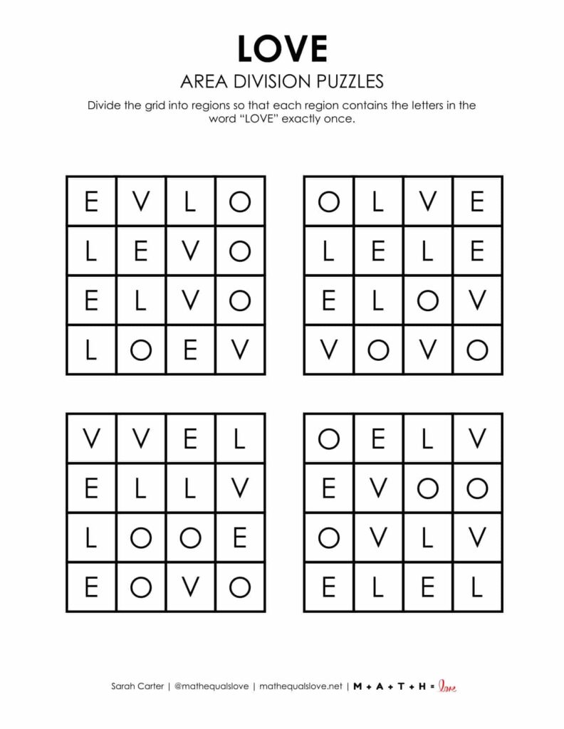 love area division logic puzzle for valentine's day.