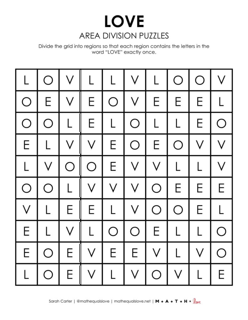love area division logic puzzle for valentine's day.