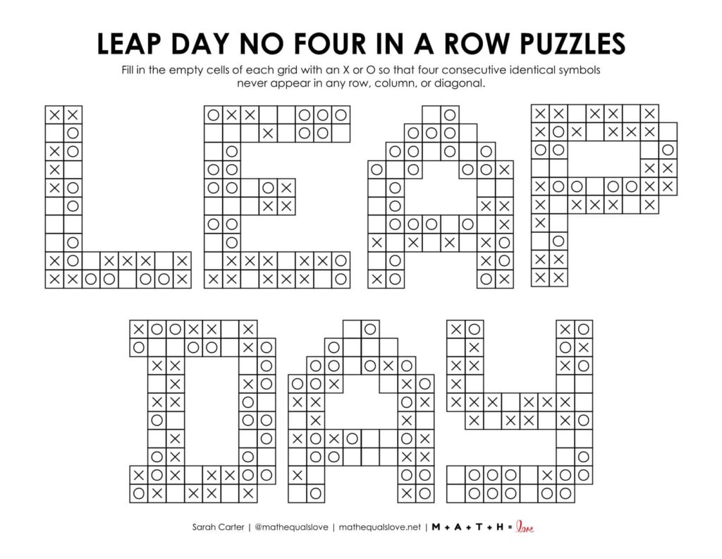 Leap Day No Four in a Row Logic Puzzles Free Printable PDF.