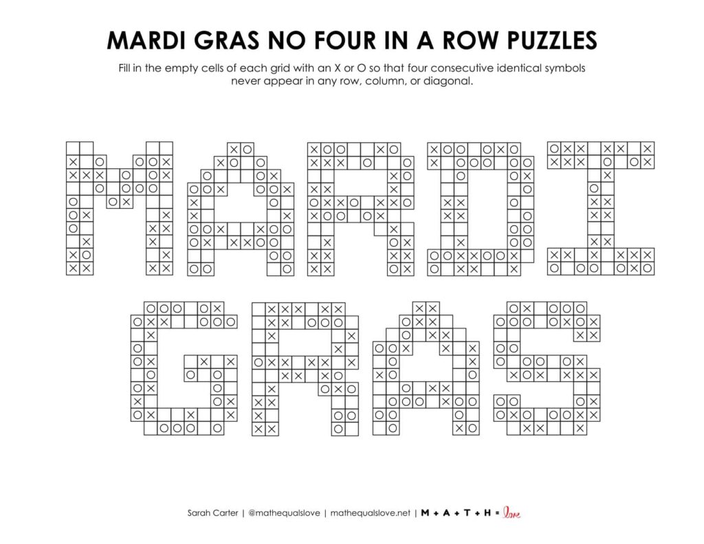 Mardi Gras No Four in a Row Logic Puzzles.