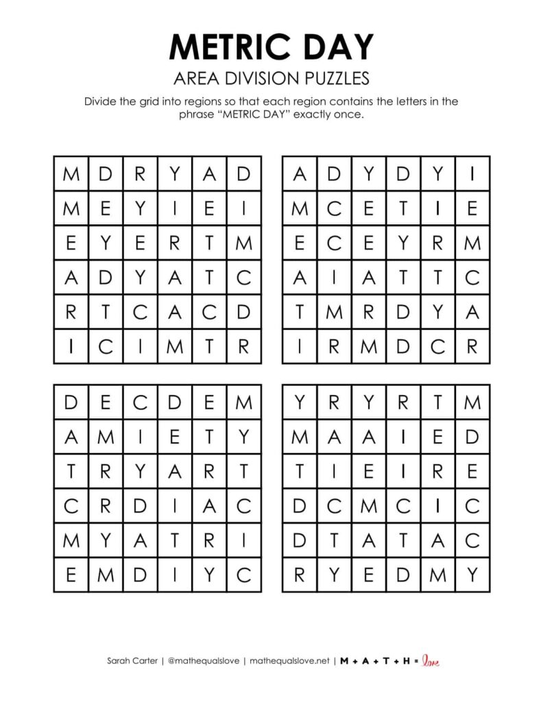 metric day area division logic puzzle free printable pdf. 