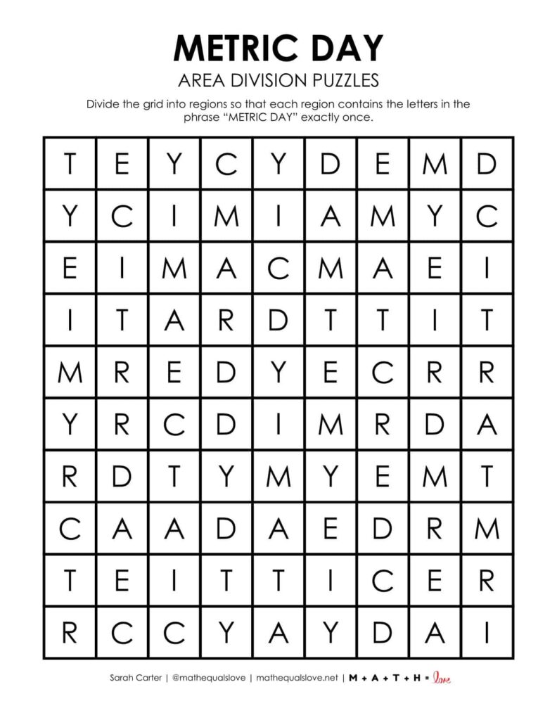 metric day area division logic puzzle free printable pdf. 