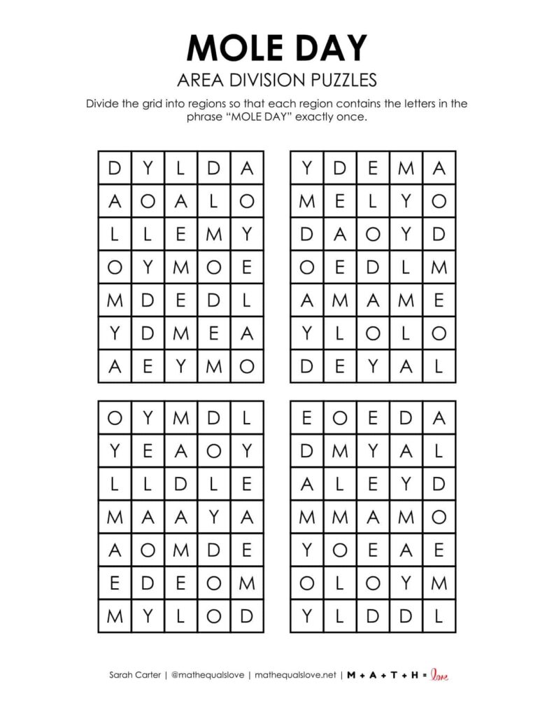 mole day area division logic puzzle free printable pdf. 