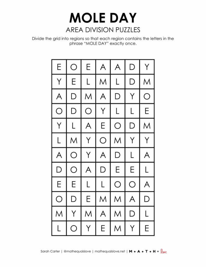 mole day area division logic puzzle free printable pdf. 