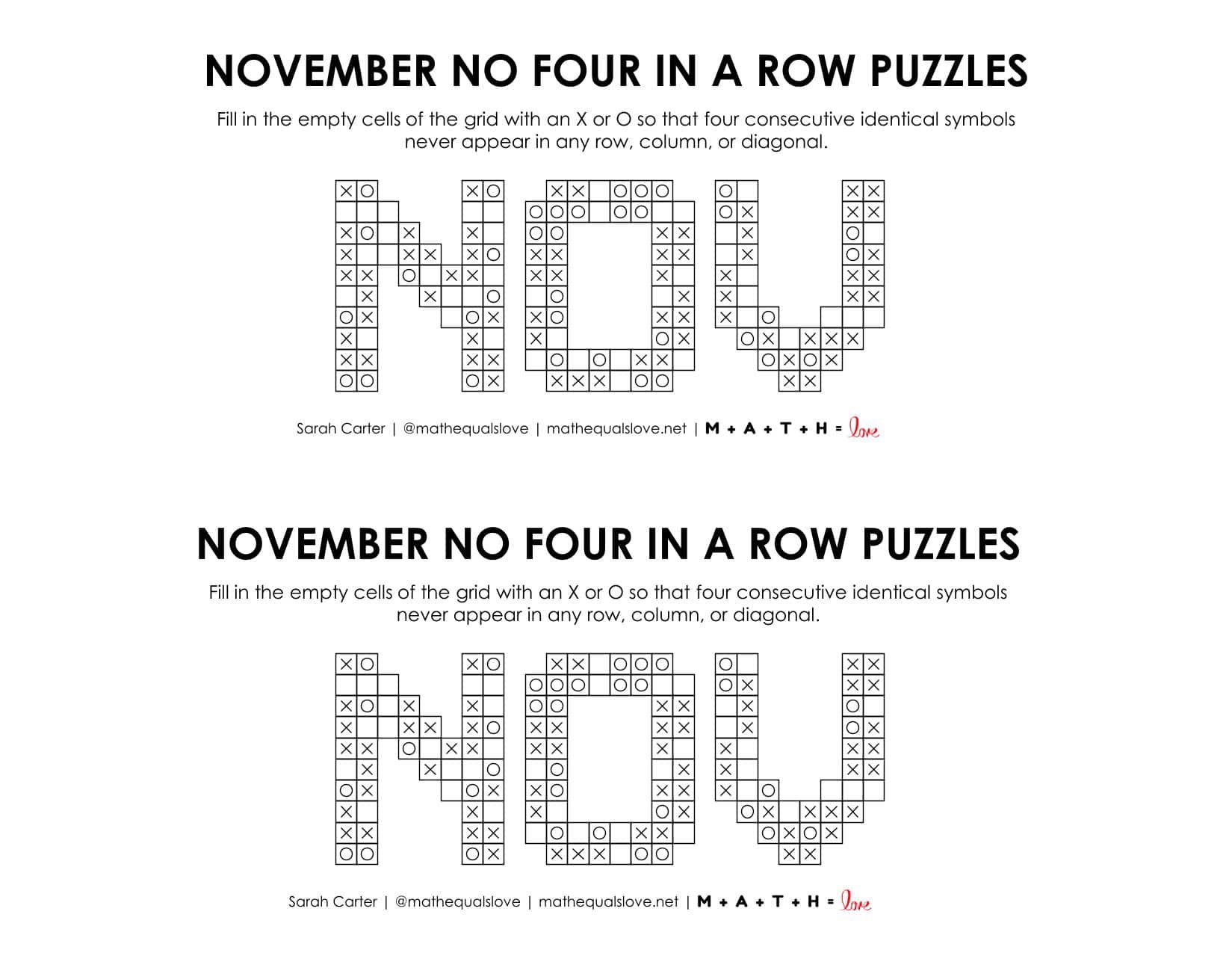 November No Four in a Row Puzzles | Math = Love