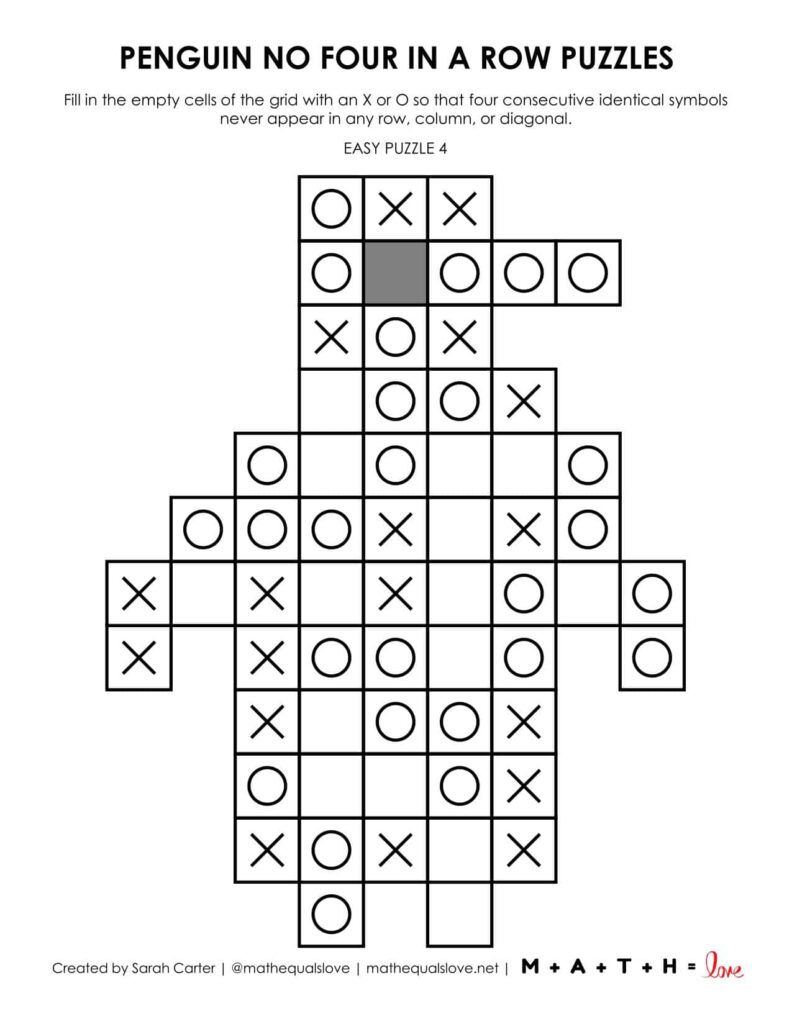 penguin no four in a row logic puzzle printable pdf. 