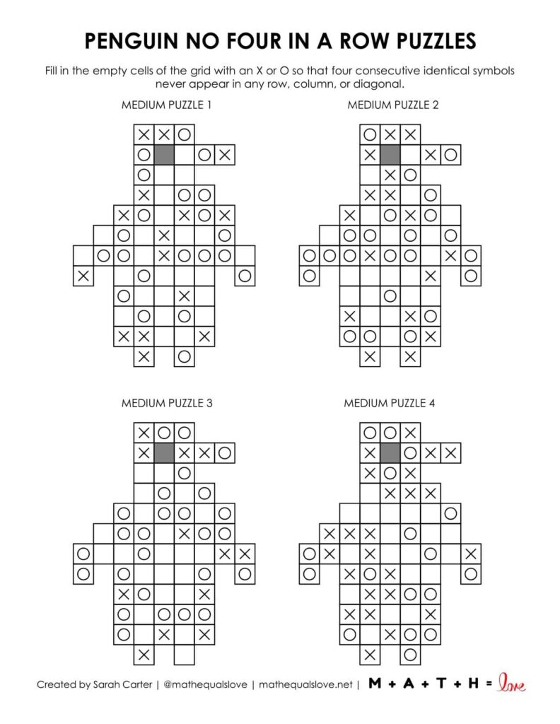 penguin no four in a row puzzles - 4 to a page option. 