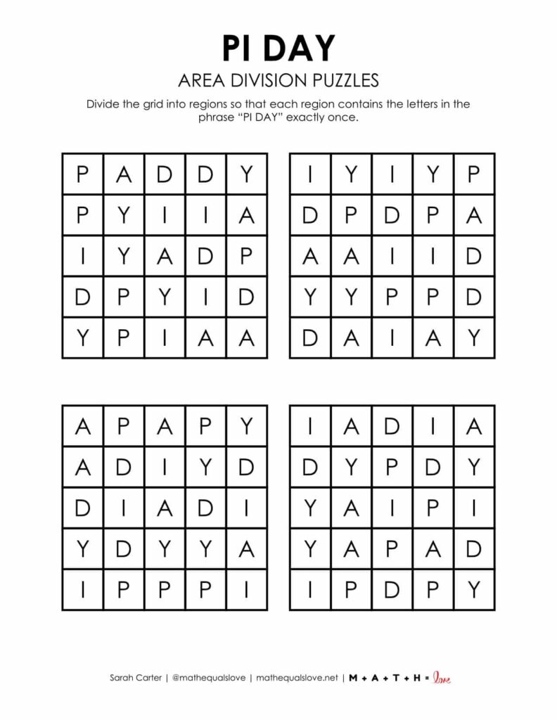 pi day area division logic puzzle free printable pdf.