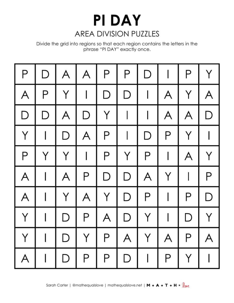 pi day area division logic puzzle free printable pdf.