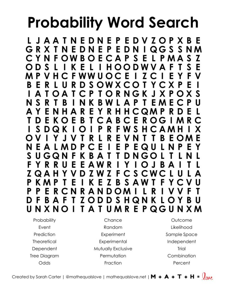 probability word search free printable pdf puzzle for high school math. 