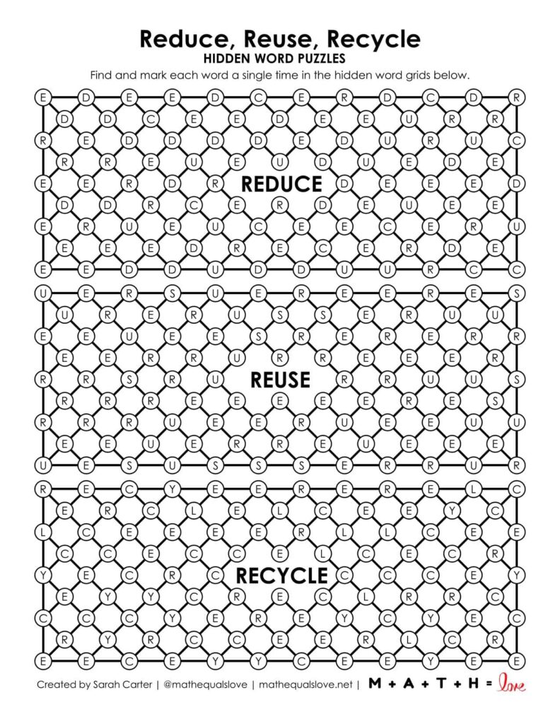 Reduce REuse Recycle Hidden Word Puzzle for Earth Day.