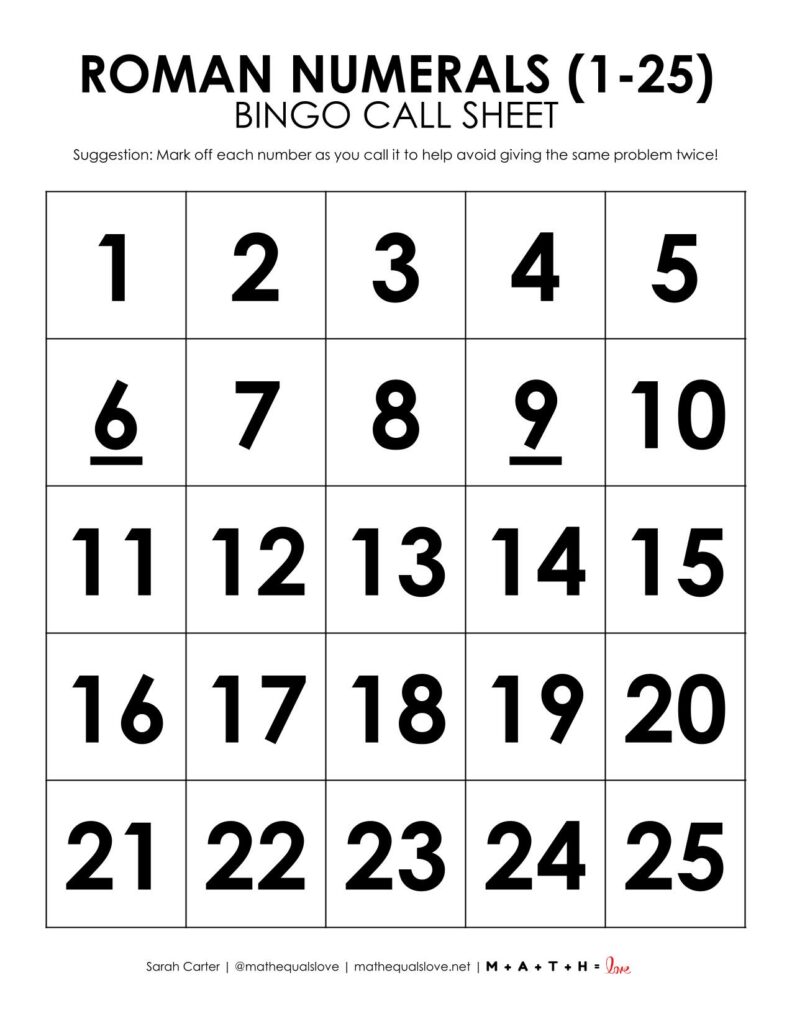 roman numeral bingo call sheet. 