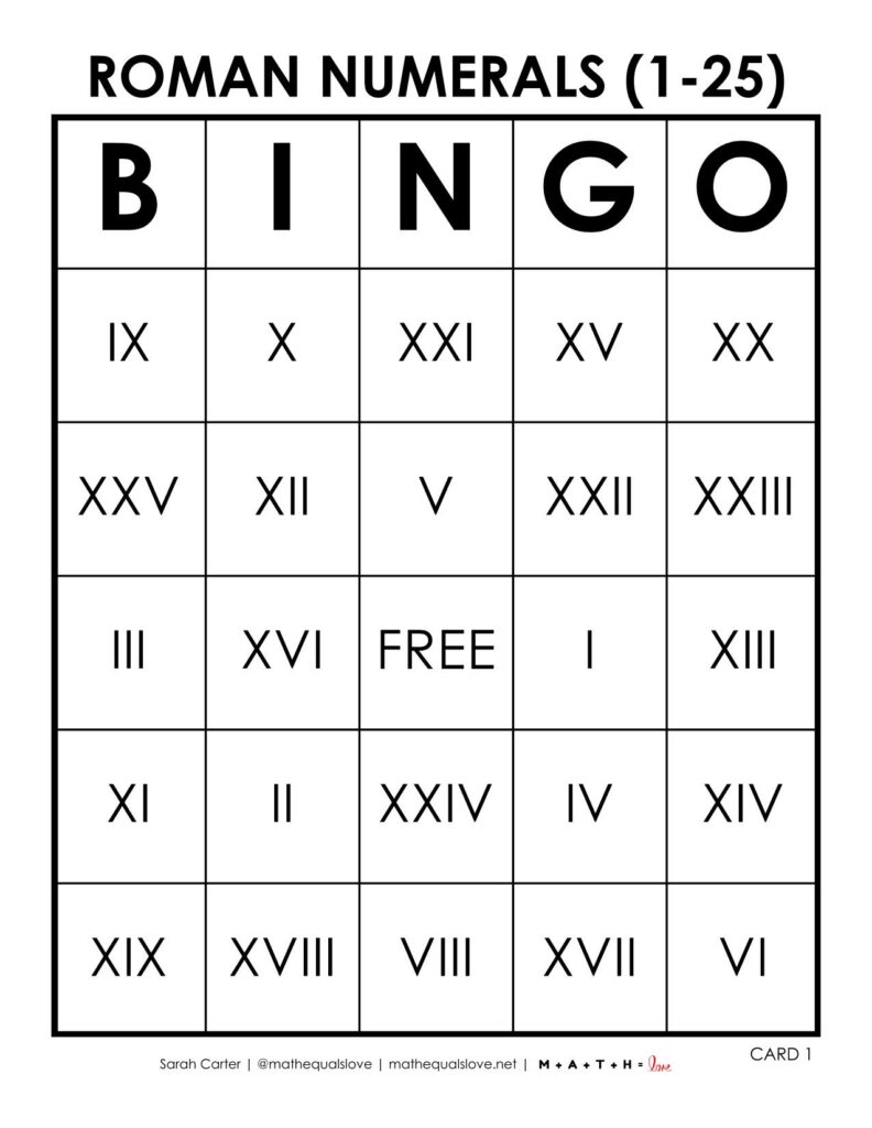 Roman Numerals Bingo Card 1-25 Free Printable PDF. 