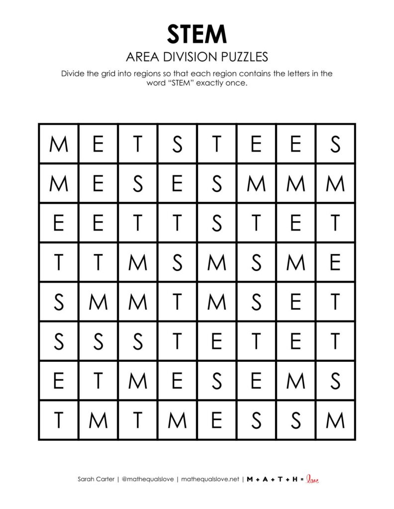 stem area division logic puzzle free printable pdf. 