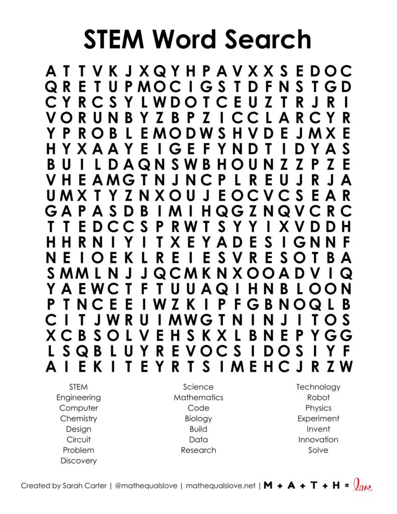 STEM Word search puzzle free printable pdf. 