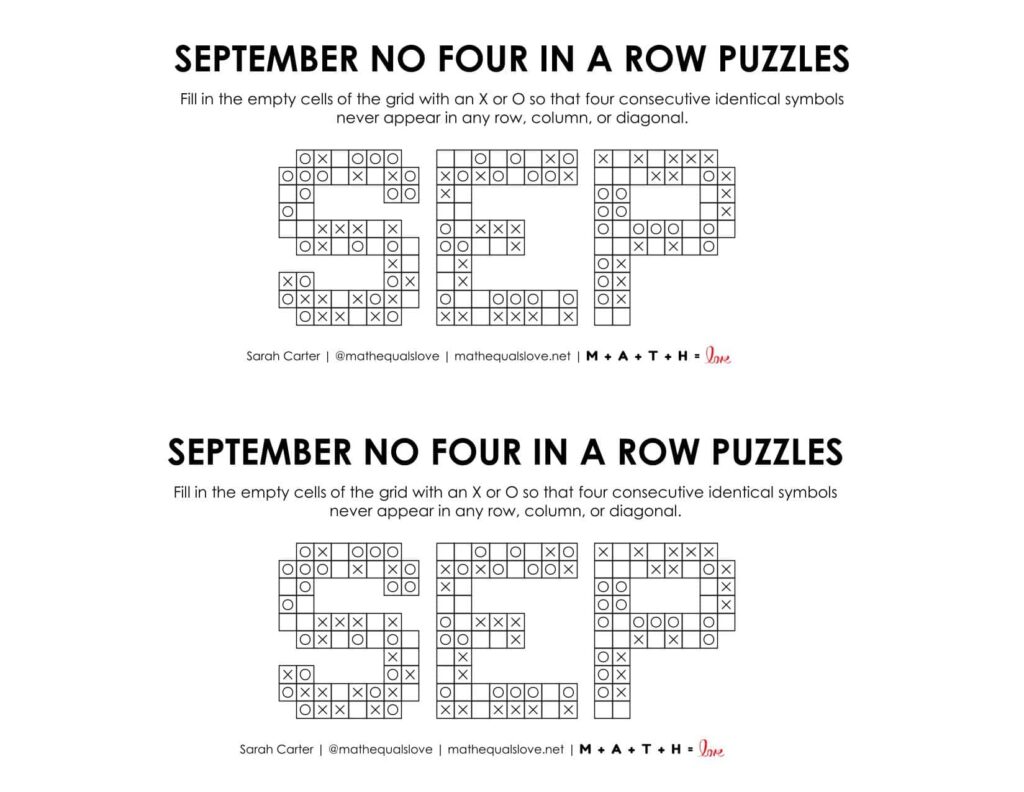september no four in a row logic puzzles. 